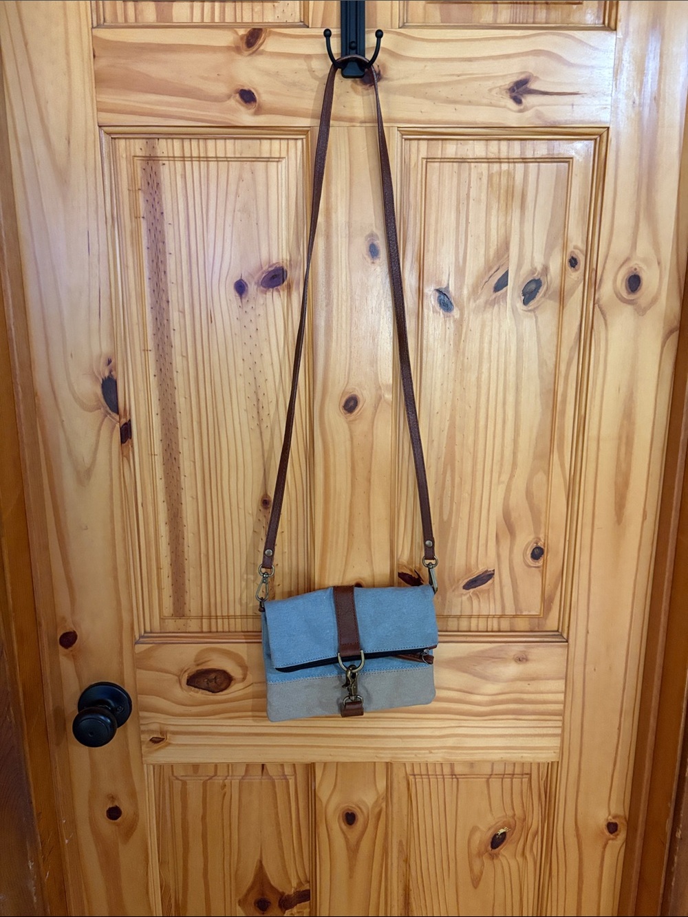 Mona B Blue Canvas Crossbody with Brown Leather Strap